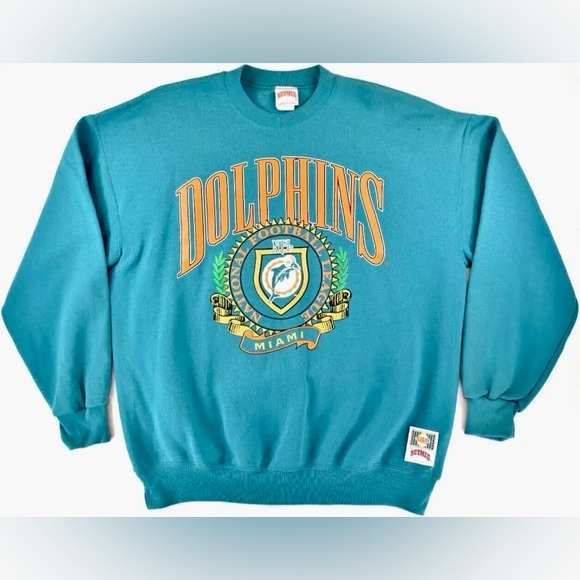 Vintage 1990s Miami Dolphins Nutmeg NFL Turquoise Orange Crewneck Sweater Mens L
